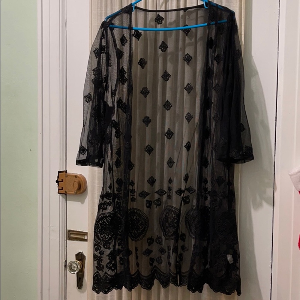 Black Lace Kimono with Velvet Embroidered Detail